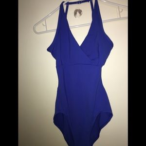 Blue Capezio cross front halter leotard
